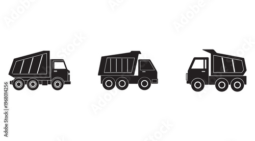 Set of garbage truck silhouettes in different positions for sanitation and waste management purposes  vector illustrations