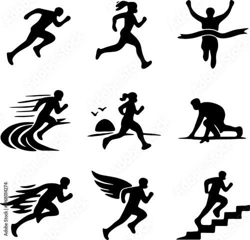 black silhouettes of people running jumping dancing and exercising