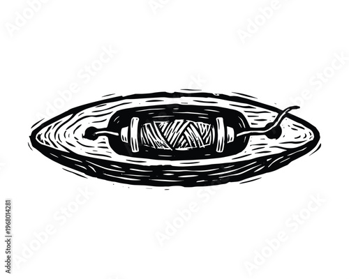 Sewing spool graphic, thread, needle, craft supplies, DIY, textile, tool, hobby element.