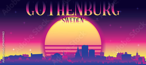 Purple generic retro futuristic synthwave panoramic poster of the city skyline with misty background sunset buildings of GOTHENBURG, SWEDEN