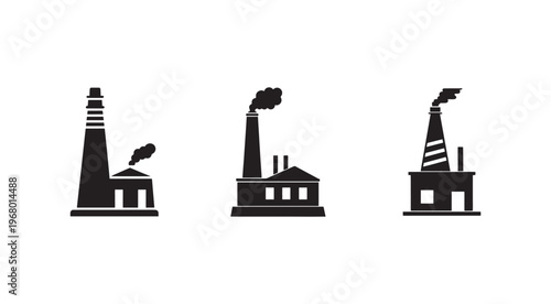 Set of industrial factory buildings with smoking chimneys and pollution emission  industrial pollution icons  factories with smokestacks releasing smoke