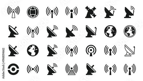 A collection of black glyph icons depicting various communication and satellite technologies rendered as a silhouette high quality professional detailed modern