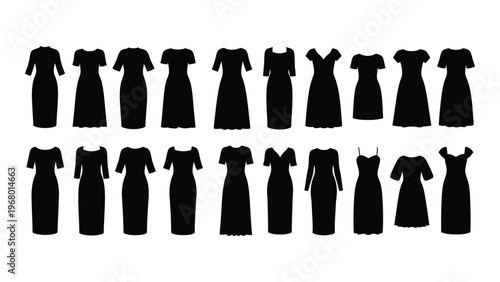 A collection of various black dress designs displayed in a row showcasing different styles and lengths silhouette high quality professional detailed