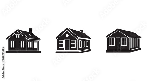 Set of simple black house silhouettes with white outlines on white background  residential buildings