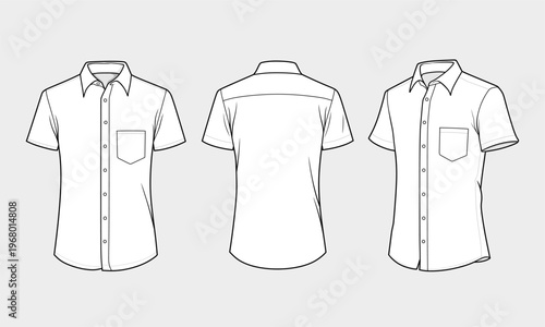 Technical Drawing of a Short Sleeve Button-Front Shirt with Front, Back, and Side Views