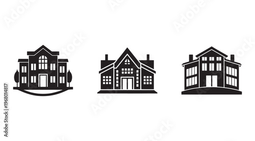Set of three black and white house silhouettes with windows and doors on white background  house icons  simple home illustrations