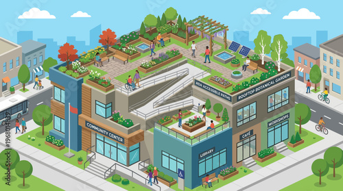 Isometric Sustainable Community Center with Rooftop Botanical Garden and ADA Accessible Ramps Illustration