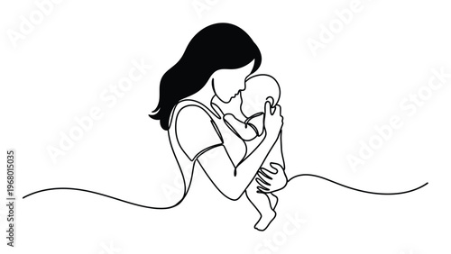 A mother tenderly cradles her baby in a minimalist continuous line drawing showcasing a poignant moment of connection silhouette high quality