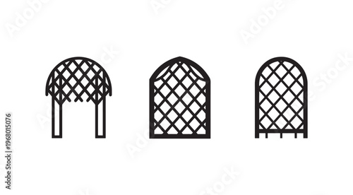Set of three black metal archway gates with lattice pattern and different shapes for garden or entrance decoration  various designs