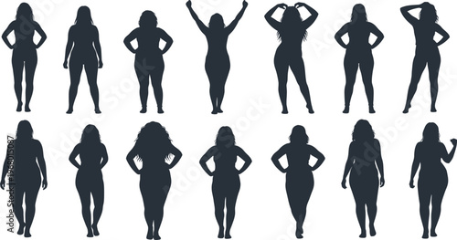 Collection of woman silhouettes in various poses with white background with full length with isolated on white with black and white