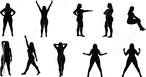 Collection of diverse female human silhouettes in various poses and gestures