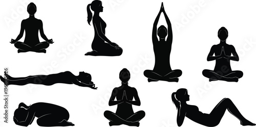 Yoga pose silhouettes set with exercise pose with yoga class with fitness icon with wellness design with meditation pose with white background with silhouette set