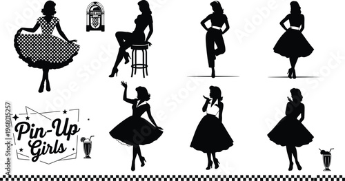 Pin-up girls silhouettes with retro elements with pin up