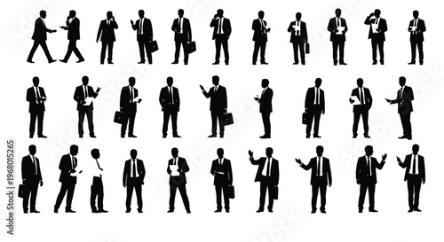 Detailed vector graphic silhouettes of businessmen in various poses, representing diverse corporate communication and interaction.