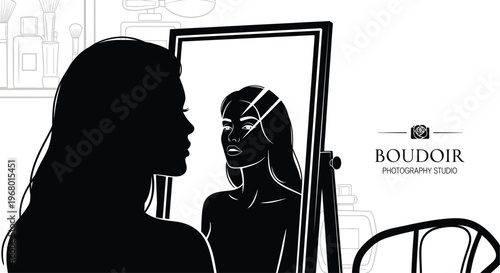 Woman silhouette gazing into a full-length mirror with the image captures