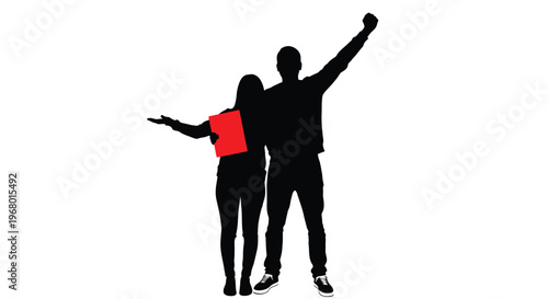 Dynamic vector illustration depicting a triumphant business couple celebrating their success with important documents.