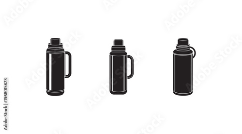 Set of three black thermoses with handles and screw on lids in different positions  isolated on white background