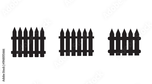 Set of three black wooden fences with pointed pickets in different sizes  fence designs  wooden fence sections  isolated on white background