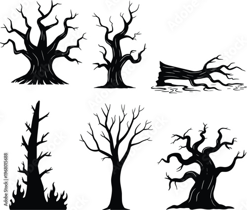 Dead tree silhouettes vector set with spooky branches, halloween forest collection, eerie nature illustration