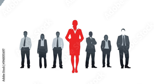 Leadership concept vector illustration featuring a powerful businesswoman in red standing out from the crowd.