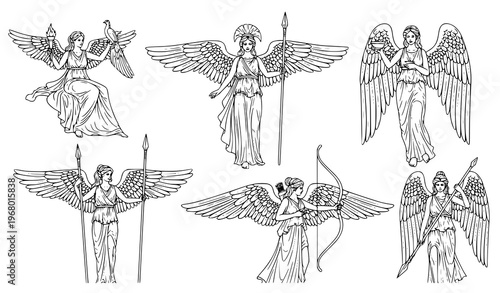 Classical winged female figures Greek mythology line art vector