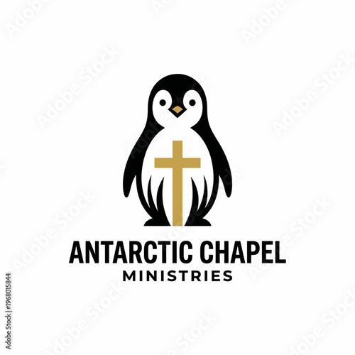 This whimsical logo features a cute penguin with a cross, representing Antarctic Chapel Ministries, capturing an engaging and friendly approach to community and faith.
