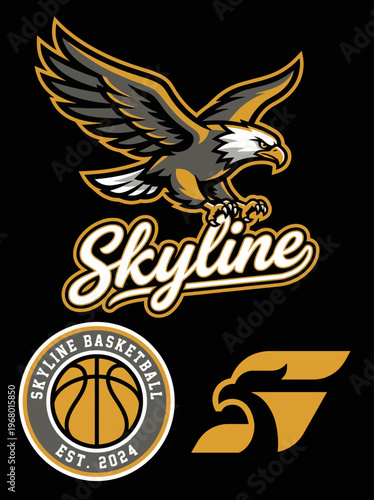 The image features a dynamic logo design for a basketball team named Skyline, showcasing an eagle mascot and elements representing sport and teamwork.