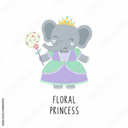 This adorable cartoon elephant dressed as a floral princess brings joy and charm, making it perfect for children's art, decorations, or themed celebrations.