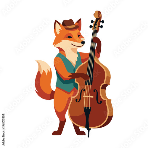This whimsical image depicts a charming fox dressed in a hat, joyfully playing a double bass, celebrating music and creativity in an enchanting and colorful illustration.