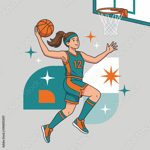 A vibrant illustration of a female basketball player in mid-air, showcasing her skills as she prepares to make a slam dunk, surrounded by stylish graphic elements.