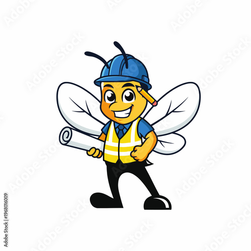 This image showcases a cartoonish bee in a construction outfit, complete with a helmet and safety vest, showcasing its readiness for work with a blueprint in hand.
