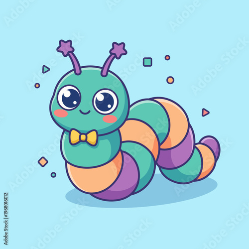 A cute caterpillar character with large expressive eyes and a colorful bowtie stands out in this cheerful illustration, representing whimsy and charm in a playful way.