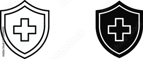 Medical shield icon vector set with cross symbol, healthcare protection badge illustration design