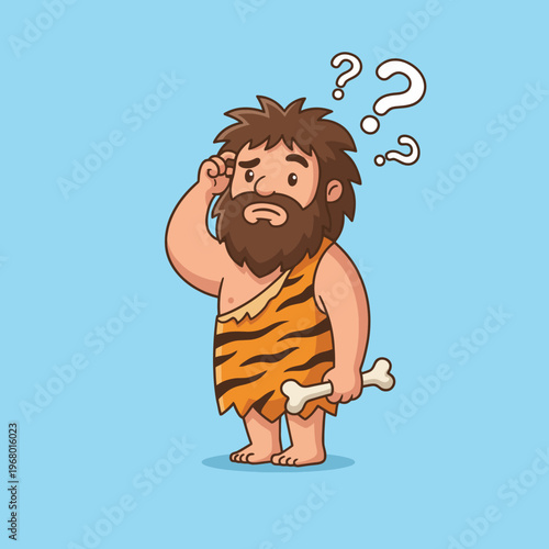 This humorous illustration depicts a caveman scratching his head in confusion while holding a bone, capturing the whimsical aspect of prehistoric life with a cartoonish, playful aesthetic.
