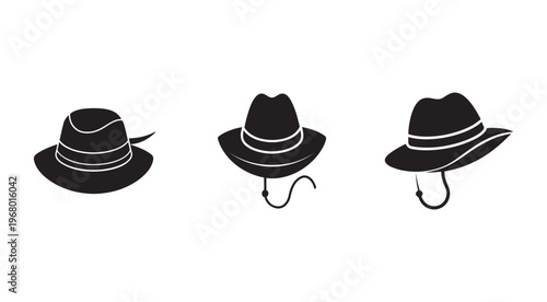 Set of three different cowboy hats with chin straps and bands  isolated on white background