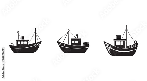 Set of three different fishing boats with distinct designs and features for maritime or nautical use