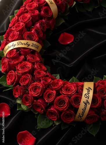 Horseshoe shaped garland of red roses on black satin fabric. Gold ribbon with Kentucky Derby 2026 text wrapped around floral arrangement. Flat lay composition with scattered petals