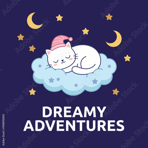 A cute illustration features a serene white cat sleeping on a fluffy cloud, surrounded by stars and crescent moons, evoking feelings of peace and tranquility.