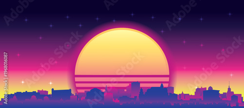 Purple generic retro futuristic synthwave panoramic poster of the city skyline with misty background sunset buildings of SALZBURG, AUSTRIA