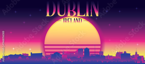 Purple generic retro futuristic synthwave panoramic poster of the city skyline with misty background sunset buildings of DUBLIN, IRELAND