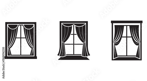 Set of three different window graphics with various curtain styles and positions on white background