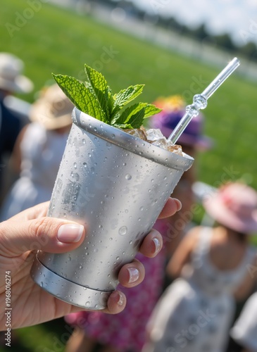 Hand holding frosted silver cup with mint julep cocktail and ice. Cold refreshing drink with condensation drops. Blurred background of people at outdoor derby event