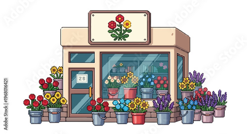A charming pixel art illustration of a cozy florist shop front adorned with vibrant buckets of red, yellow, blue, and purple flowers outside.