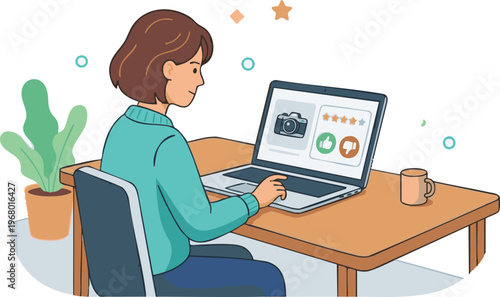 Woman reviewing camera product on laptop