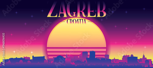 Purple generic retro futuristic synthwave panoramic poster of the city skyline with misty background sunset buildings of ZAGREB, CROATIA