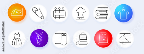 Sewing tailoring set icon. Iron pin board dress fabric hanger thread zipper roll basket thimble screen line icons minimal outline style clothing craft objects collection.