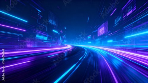 Panoramic high speed technology concept showing dynamic motion on a glowing road with vibrant neon blue and purple lights, creating an abstract futuristic background ideal for digital interfaces, gami