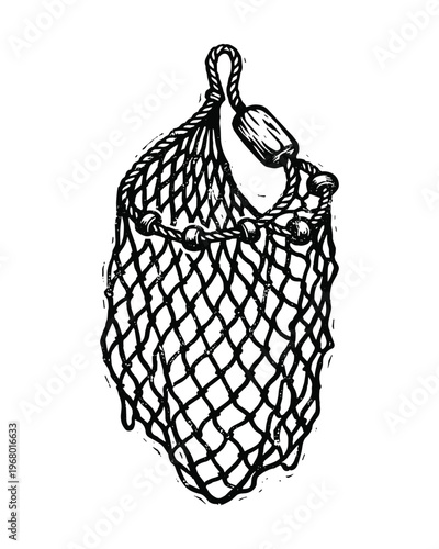 Traditional fishing net, marine equipment, ocean industry, hand drawn sketch, nautical tool