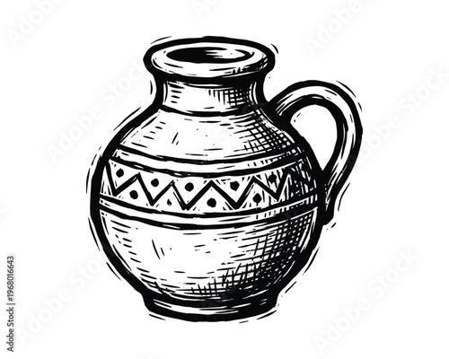 Traditional kitchen utensil, clay jug for liquid. pitcher sketch in doodle style with patterns.