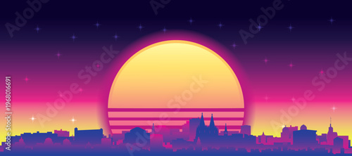 Purple generic retro futuristic synthwave panoramic poster of the city skyline with misty background sunset buildings of COLOGNE, GERMANY